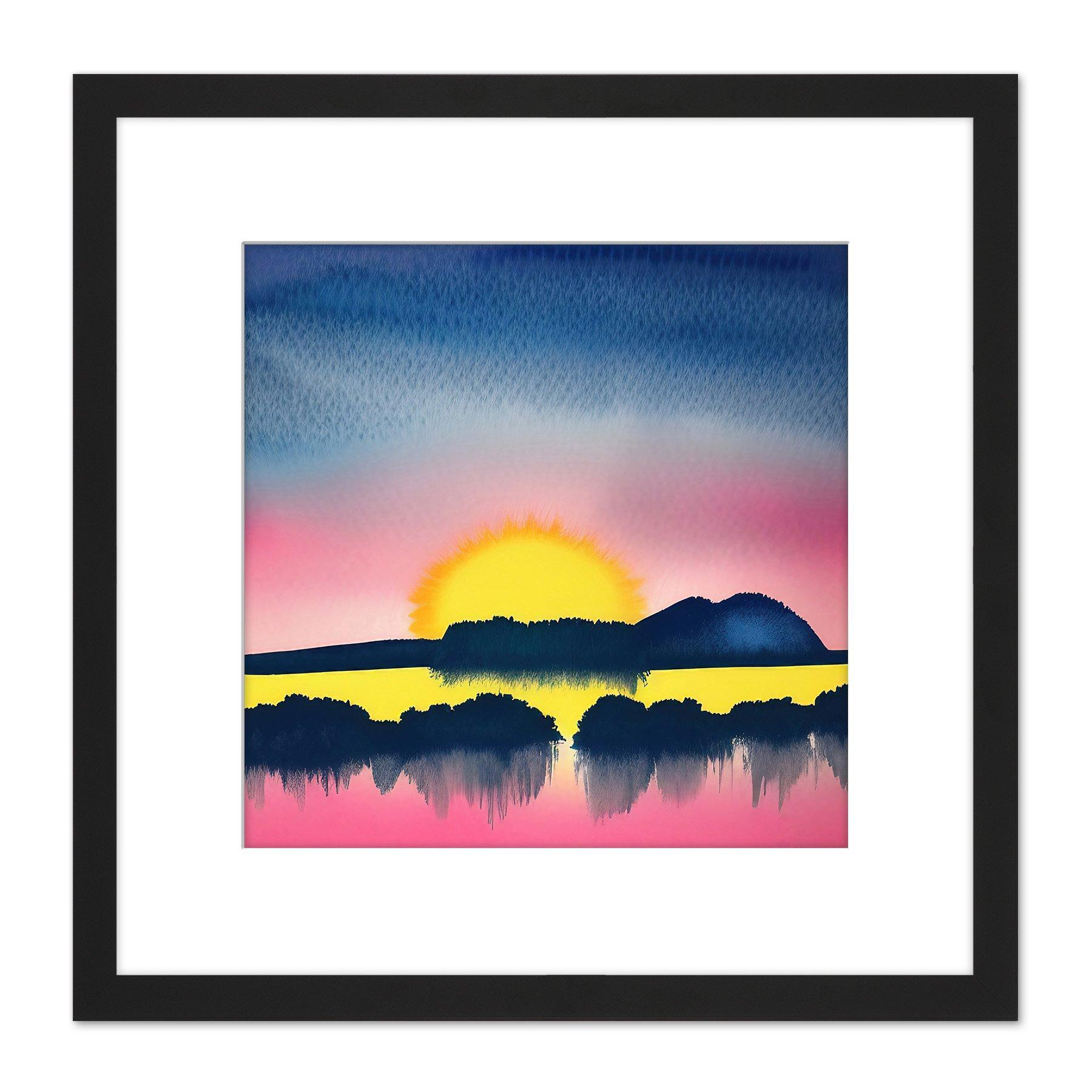Sunset In Winter Sky Hills Navy Pink Watercolour Painting Square Wooden Framed Wall Art Print Picture 8X8 Inch - image 1
