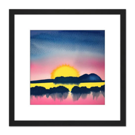 Sunset In Winter Sky Hills Navy Pink Watercolour Painting Square Wooden Framed Wall Art Print Picture 8X8 Inch