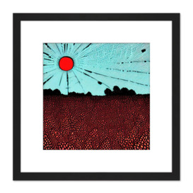 Abstract Surreal Landscape Red Sunset On Crop Field Painting Square Wooden Framed Wall Art Print Picture 8X8 Inch