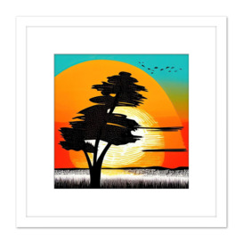 Lone Black Tree Countryside Bright Colourful Sunrise Linocut Illustration Square Wooden Framed Wall Art Print Picture 8X8 Inch