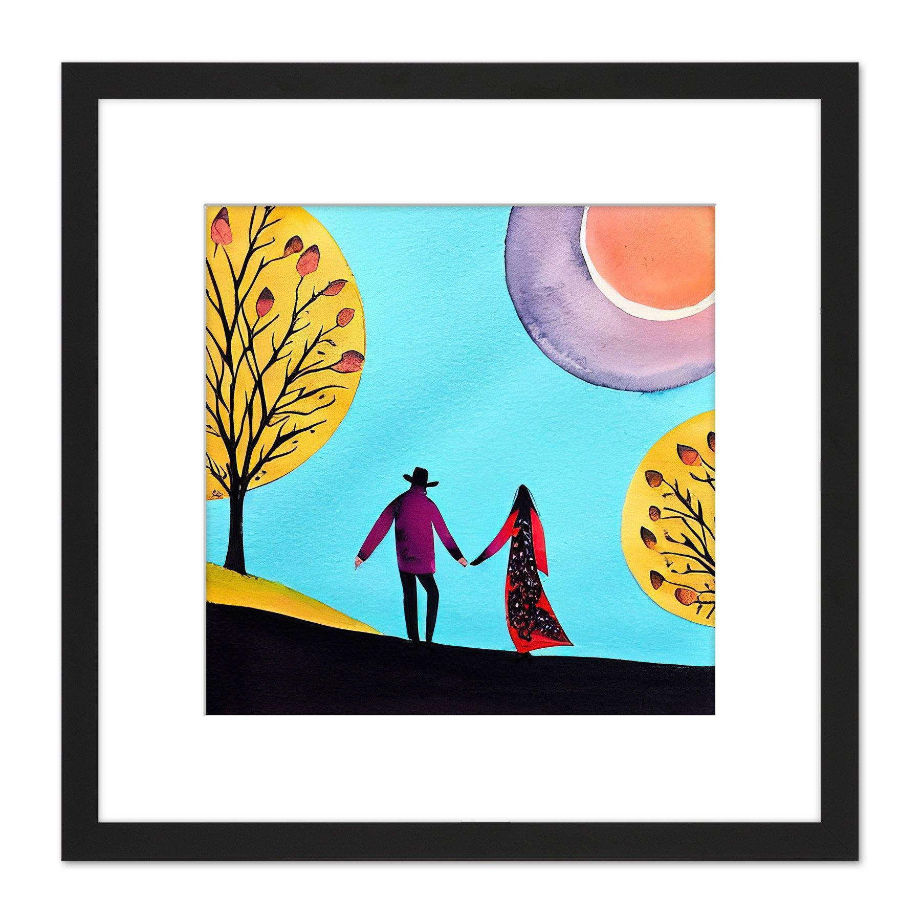 Evening Walk In Autumn Fall Couple In Love Holding Hands. Square Wooden Framed Wall Art Print Picture 8X8 Inch - image 1