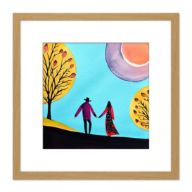 Evening Walk In Autumn Fall Couple In Love Holding Hands. Square Wooden Framed Wall Art Print Picture 8X8 Inch