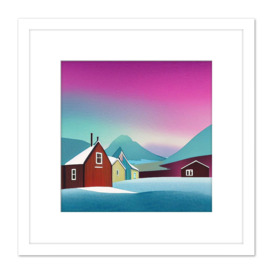 Purple Sky Northern Lights Sweden Snow Mountain Lake Vibrant Sky Square Wooden Framed Wall Art Print Picture 8X8 Inch