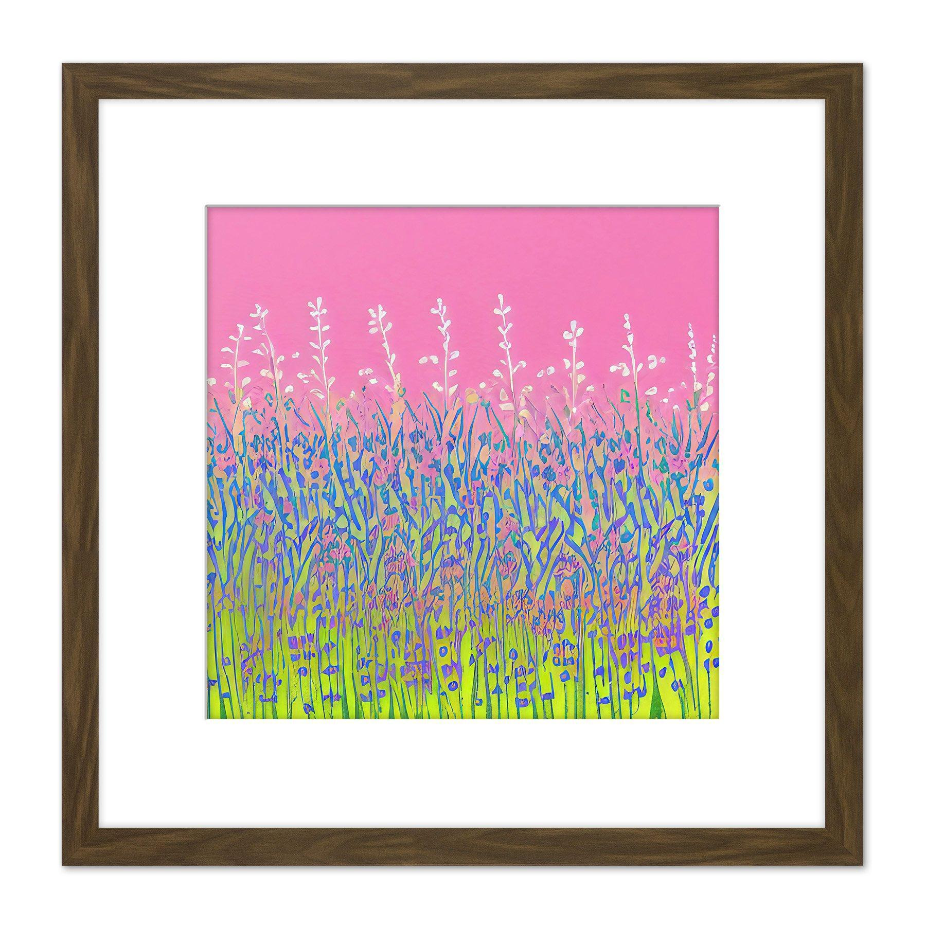 Abstract Floral Pink Violet Green Meadow Lavender Field Painting Square Wooden Framed Wall Art Print Picture 8X8 Inch - image 1