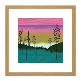 Forest Hill Sunset Sunrise Sky Landscape Painting Pink Purple Green Teal Square Wooden Framed Wall Art Print Picture 8X8 Inch