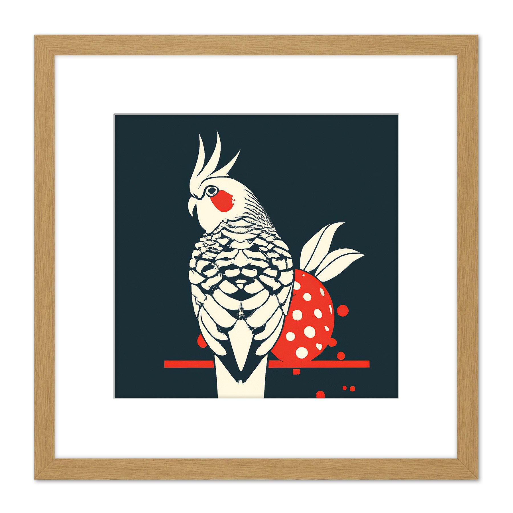 Cockatiel Cockatoo Strawberry Tropical Bird Fruit Modern Retro Style Navy White Red Square Wooden Framed Wall Art Print Picture 8X8 Inch - image 1