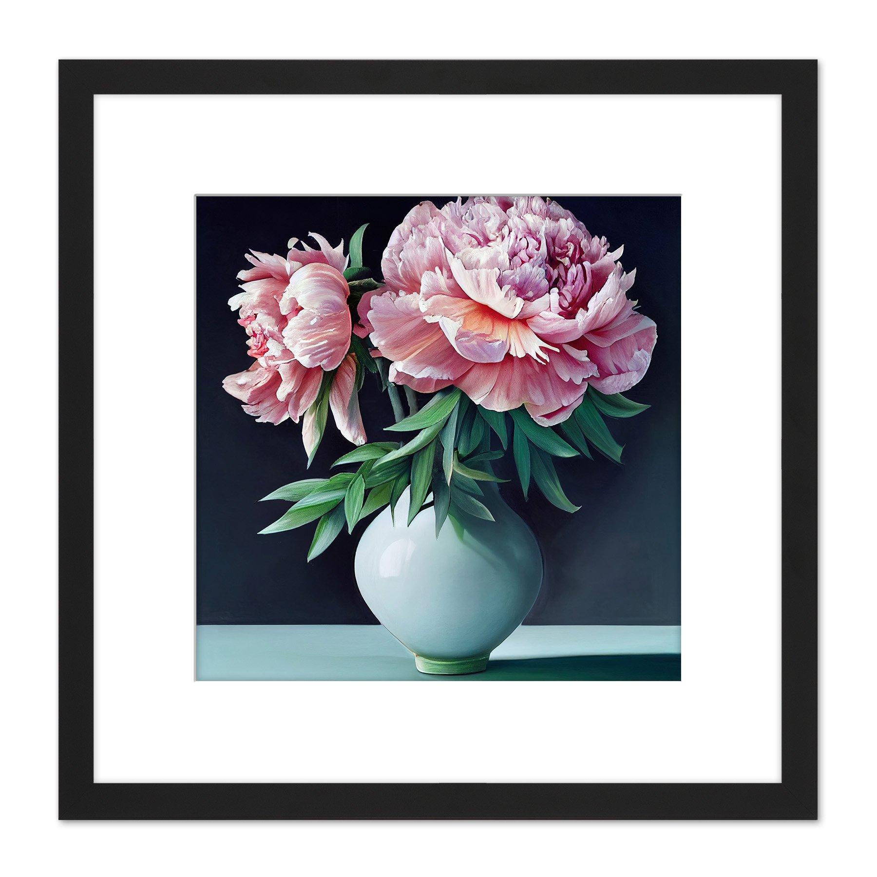 Vase Pink Peony Flowers Floral Bloom Still Life Painting Illustration Pink Square Wooden Framed Wall Art Print Picture 8X8 Inch - image 1