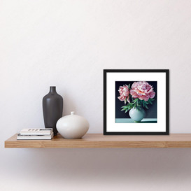 Vase Pink Peony Flowers Floral Bloom Still Life Painting Illustration Pink Square Wooden Framed Wall Art Print Picture 8X8 Inch - thumbnail 2