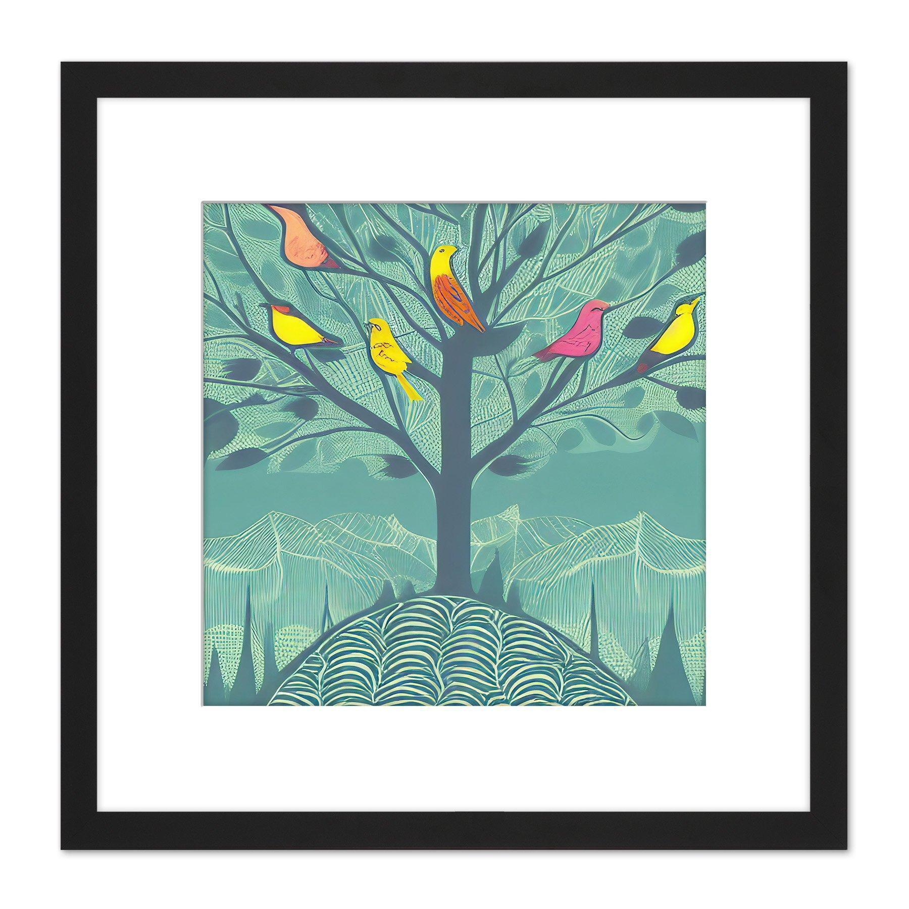 Colourful Birds Perching on Lone Tree Branches in Teal Blue Mountain Landscape Square Wooden Framed Wall Art Print Picture 8X8 Inch - image 1