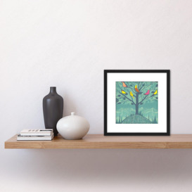 Colourful Birds Perching on Lone Tree Branches in Teal Blue Mountain Landscape Square Wooden Framed Wall Art Print Picture 8X8 Inch - thumbnail 2