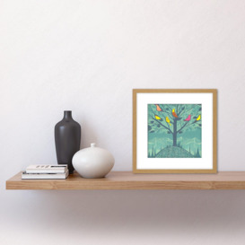 Colourful Birds Perching on Lone Tree Branches in Teal Blue Mountain Landscape Square Wooden Framed Wall Art Print Picture 8X8 Inch - thumbnail 2