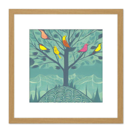 Colourful Birds Perching on Lone Tree Branches in Teal Blue Mountain Landscape Square Wooden Framed Wall Art Print Picture 8X8 Inch