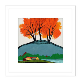 Three Bright Orange Autumn Trees on Countryside Hill Over Cabin Modern Abstract Painting Square Wooden Framed Wall Art Print Picture 8X8 Inch