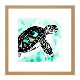 Swimming Sea Turtle Black Silhouette Ocean Green Watercolour Painting Square Wooden Framed Wall Art Print Picture 8X8 Inch