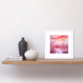 Bulrush Botanicals on Sunset Water Warm Pink Burgundy Calming Watercolour Painting Square Wooden Framed Wall Art Print Picture 8X8 Inch - thumbnail 3