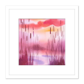 Bulrush Botanicals on Sunset Water Warm Pink Burgundy Calming Watercolour Painting Square Wooden Framed Wall Art Print Picture 8X8 Inch