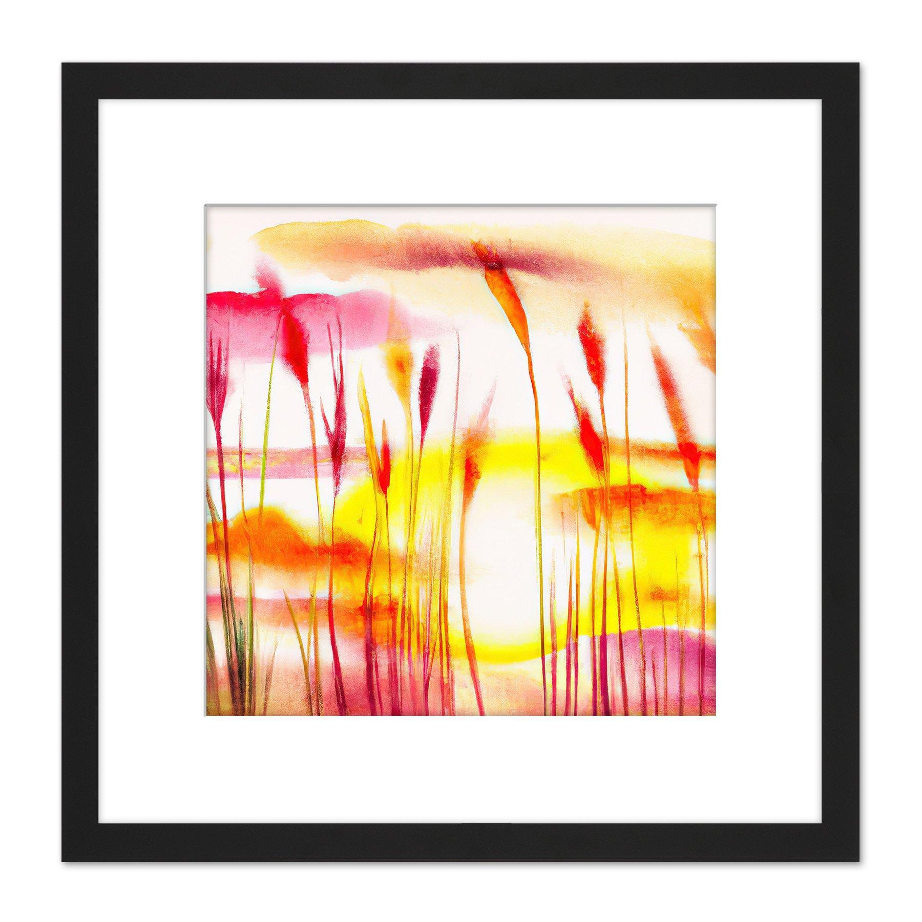 Abstract Wheat Field Nature Landscape Sunset Bright Watercolour Yellow Pink Red Orange Square Wooden Framed Wall Art Print Picture 8X8 Inch - image 1