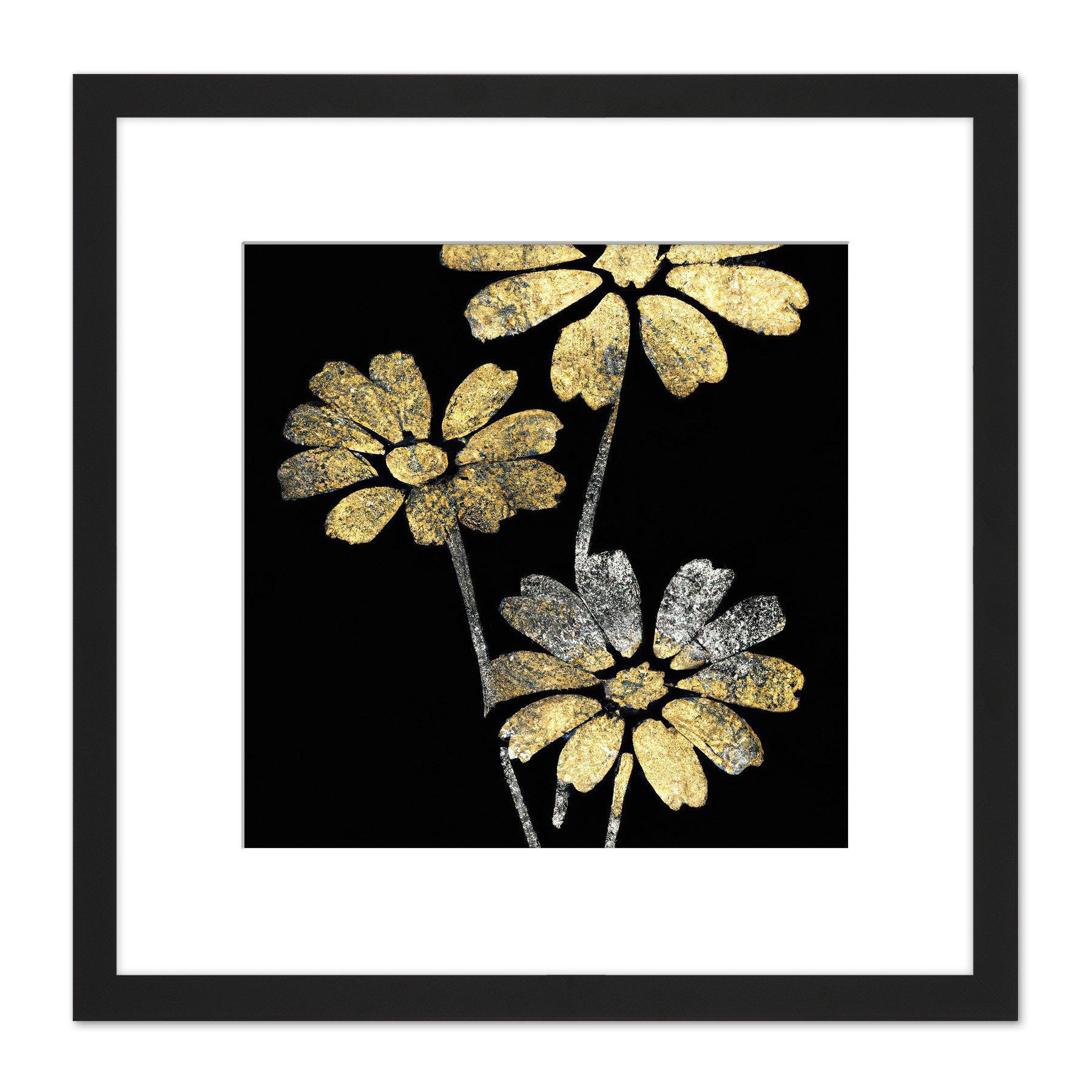 Gold Silver Leaf Style Flowers Floral Metallic Effect Foil Style Black Painting Square Wooden Framed Wall Art Print Picture 8X8 Inch - image 1