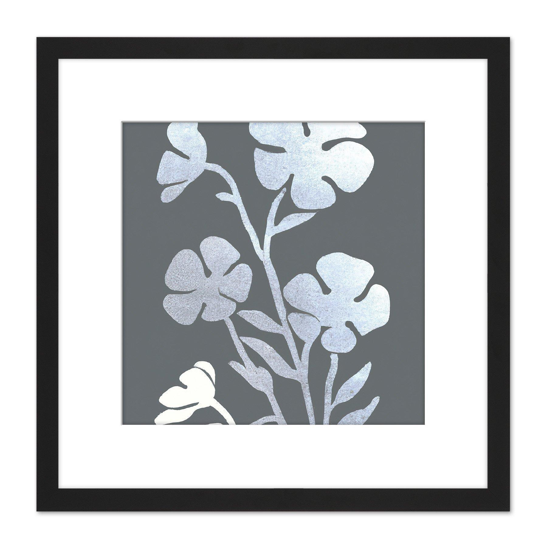Silver Foil Metallic Foil Style on Grey Pressed Flowers Floral Painting Square Wooden Framed Wall Art Print Picture 8X8 Inch - image 1
