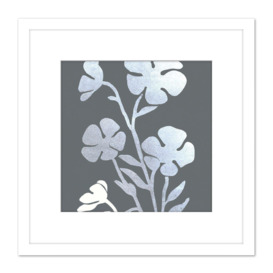 Silver Foil Metallic Foil Style on Grey Pressed Flowers Floral Painting Square Wooden Framed Wall Art Print Picture 8X8 Inch