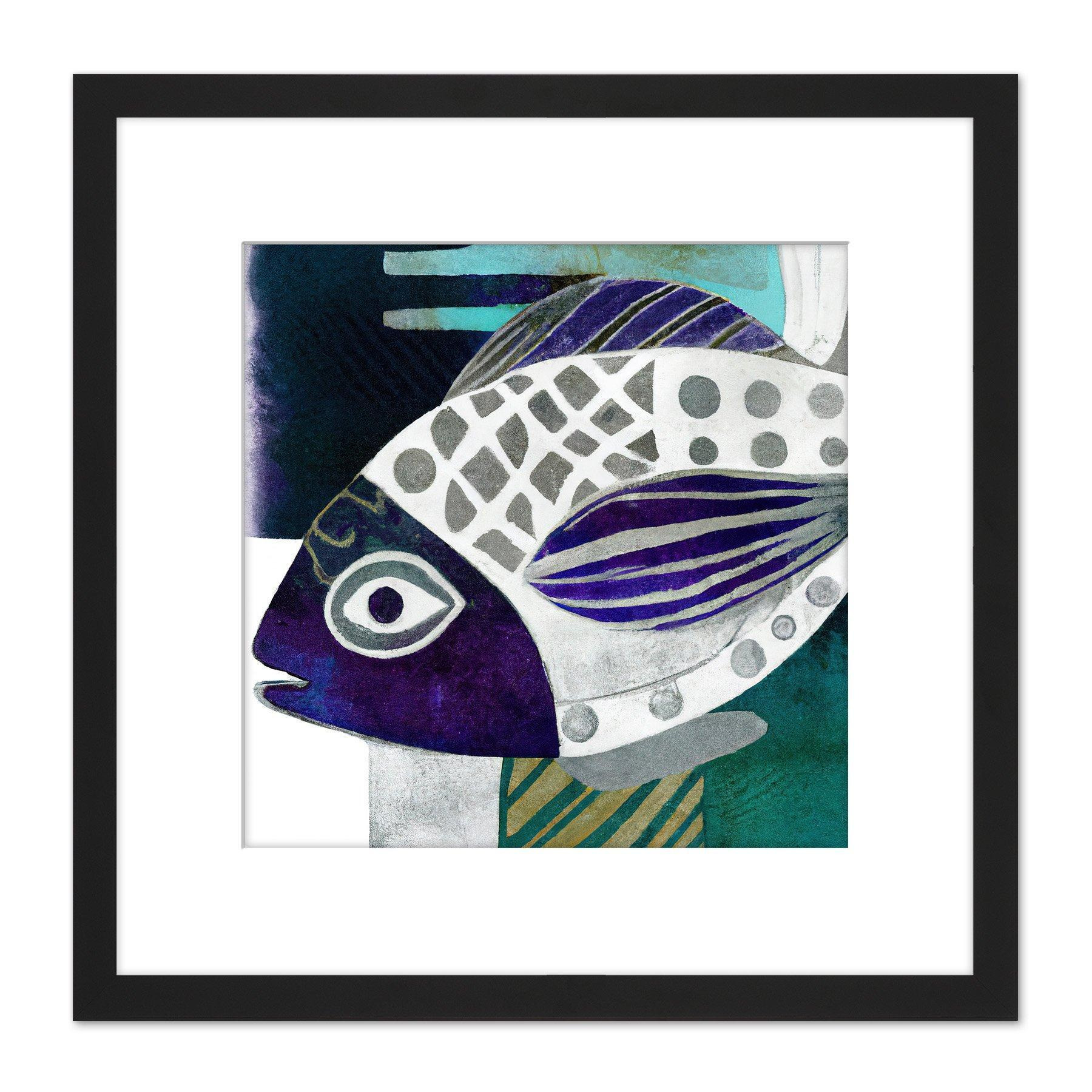 Abstract Fish Watercolour Sketch Illustration Purple Silver Patterns Square Wooden Framed Wall Art Print Picture 8X8 Inch - image 1