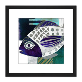 Abstract Fish Watercolour Sketch Illustration Purple Silver Patterns Square Wooden Framed Wall Art Print Picture 8X8 Inch - thumbnail 1