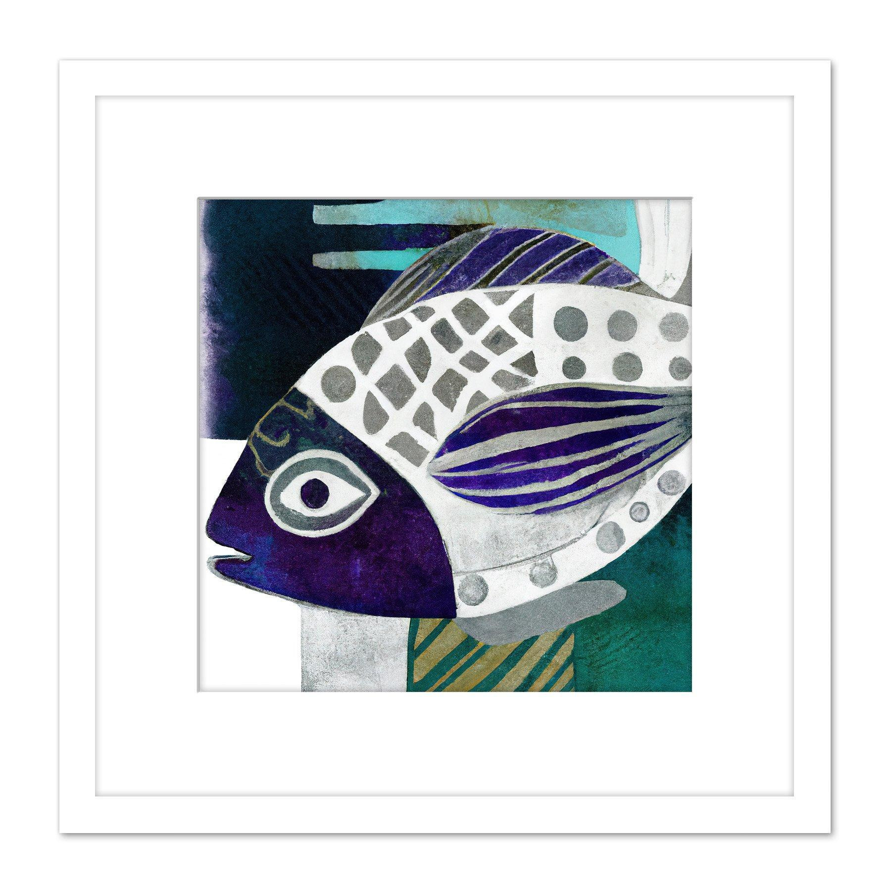 Abstract Fish Watercolour Sketch Illustration Purple Silver Patterns Square Wooden Framed Wall Art Print Picture 8X8 Inch - image 1