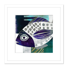 Abstract Fish Watercolour Sketch Illustration Purple Silver Patterns Square Wooden Framed Wall Art Print Picture 8X8 Inch
