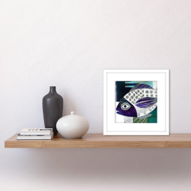 Abstract Fish Watercolour Sketch Illustration Purple Silver Patterns Square Wooden Framed Wall Art Print Picture 8X8 Inch - thumbnail 3