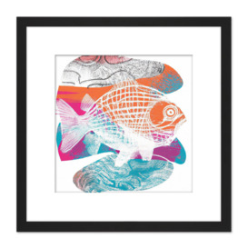 Abstract Swimming Fish Pastel Sketch Illustration Orange Blue Patterns Square Wooden Framed Wall Art Print Picture 8X8 Inch