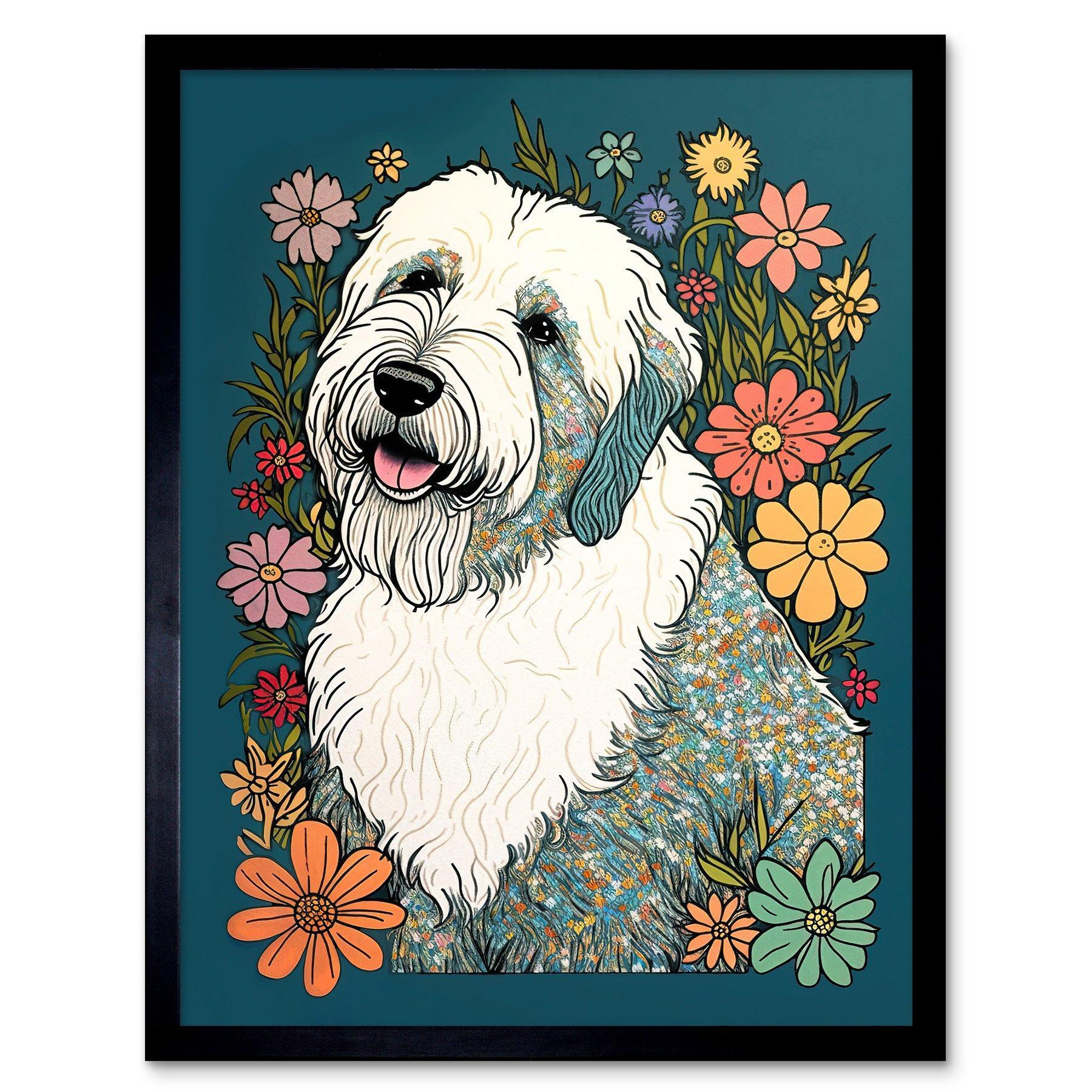 English Sheepdog with Multicolour Daisies Bright Flowers Modern Illustration Art Print Framed Poster Wall Decor 12x16 inch - image 1