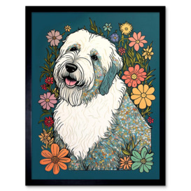 English Sheepdog with Multicolour Daisies Bright Flowers Modern Illustration Art Print Framed Poster Wall Decor 12x16 inch - thumbnail 1