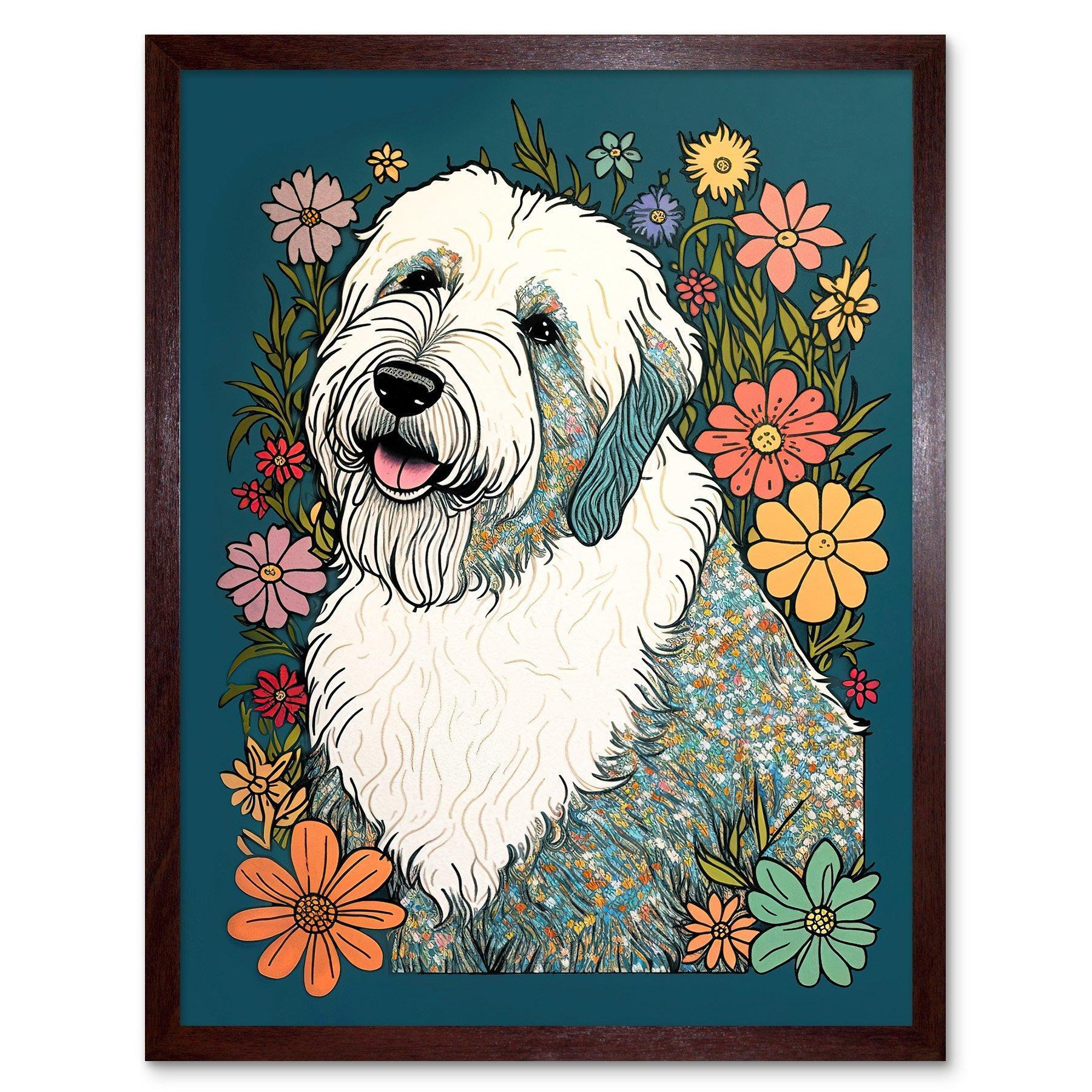 English Sheepdog with Multicolour Daisies Bright Flowers Modern Illustration Art Print Framed Poster Wall Decor 12x16 inch - image 1
