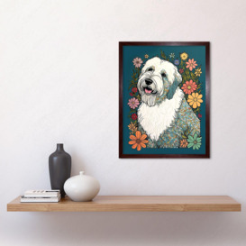English Sheepdog with Multicolour Daisies Bright Flowers Modern Illustration Art Print Framed Poster Wall Decor 12x16 inch - thumbnail 2