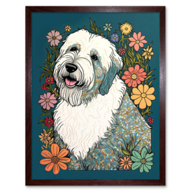 English Sheepdog with Multicolour Daisies Bright Flowers Modern Illustration Art Print Framed Poster Wall Decor 12x16 inch