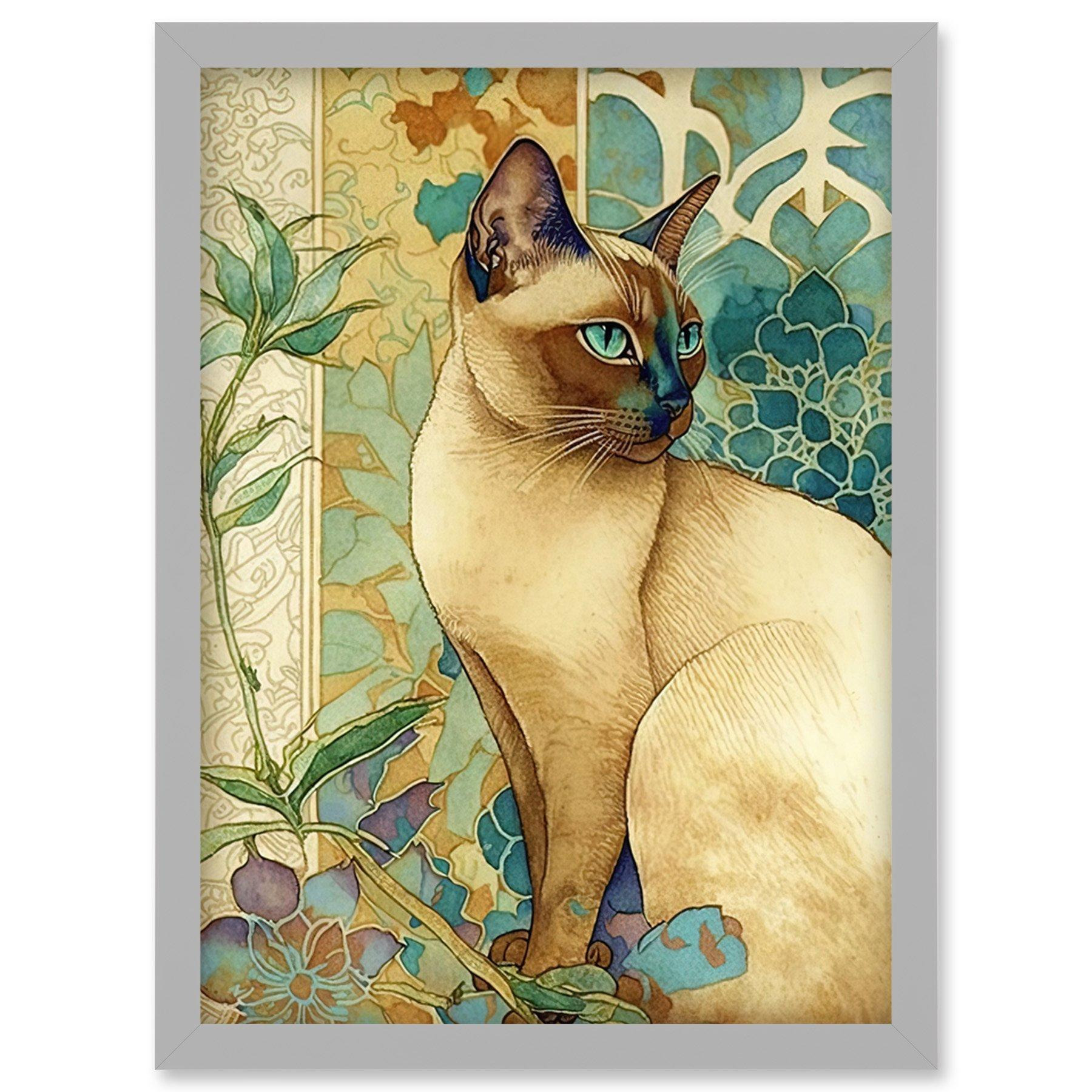 Tonkinese Cat with Art Nouveau Botanical Patterns Colourful Watercolour Illustration Artwork Framed Wall Art Print A4 - image 1