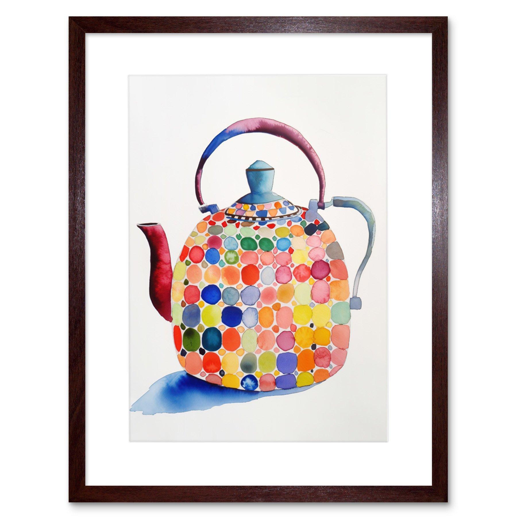 Colourful Enamelled Teapot Tea Kettle Folk Art Watercolour Painting Artwork Framed Print Wall Art 9X7 Inch - image 1
