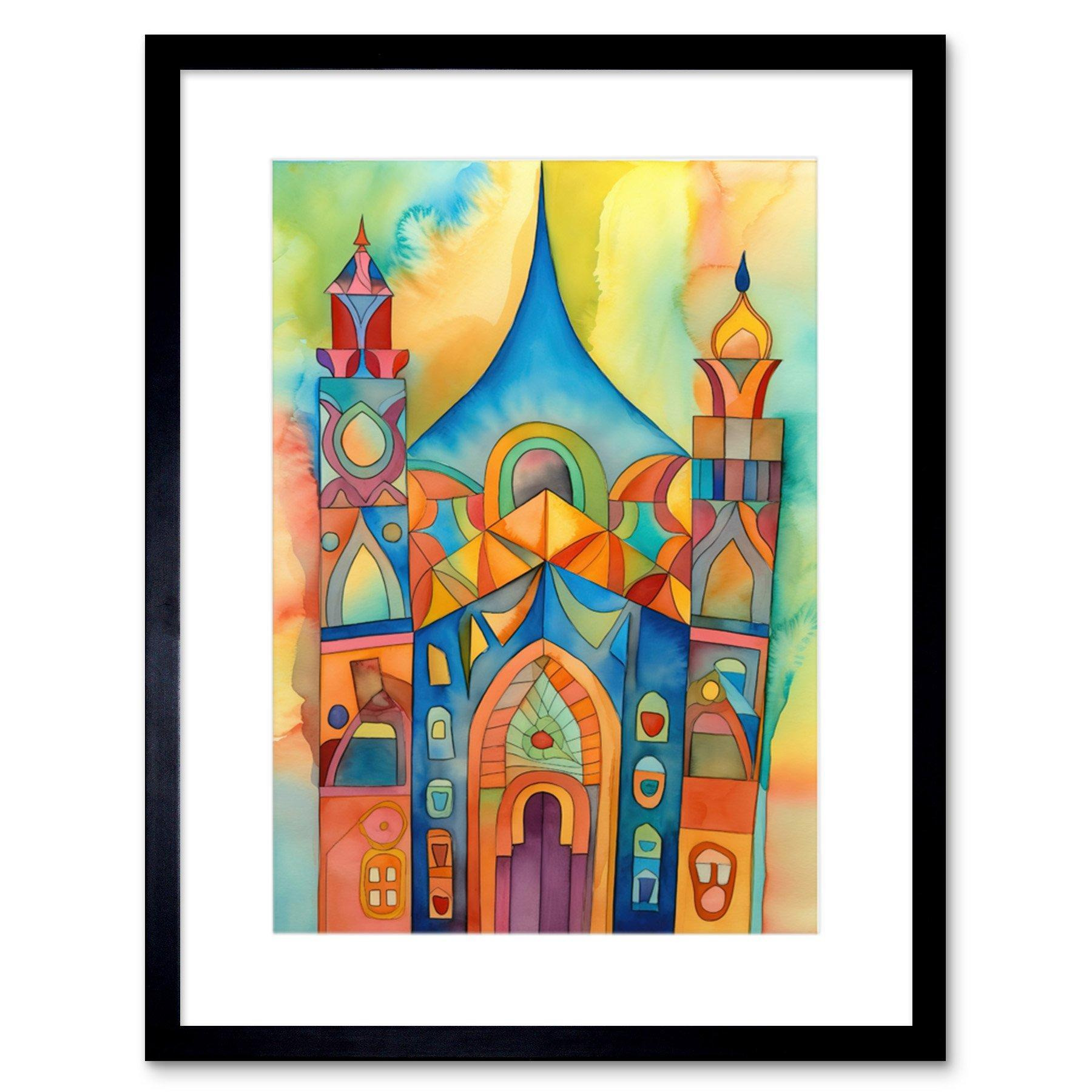 Jewish Synagogue Building Multicoloured Folk Art Watercolour Painting Artwork Framed Print Wall Art 9X7 Inch - image 1