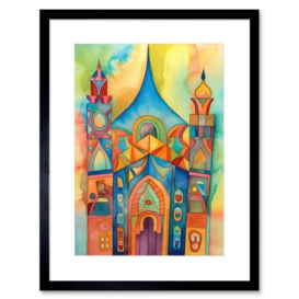 Jewish Synagogue Building Multicoloured Folk Art Watercolour Painting Artwork Framed Print Wall Art 9X7 Inch - thumbnail 1