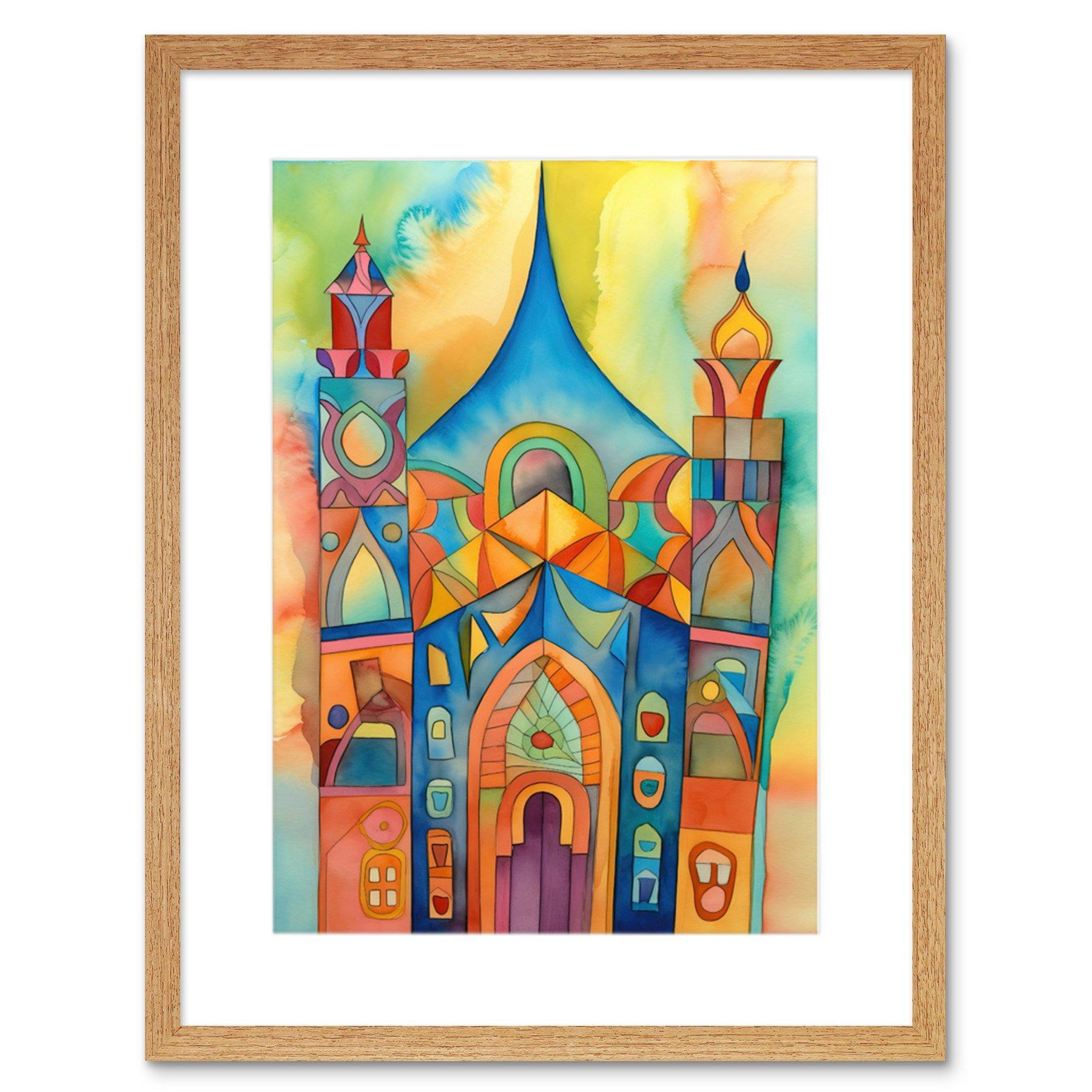Jewish Synagogue Building Multicoloured Folk Art Watercolour Painting Artwork Framed Print Wall Art 9X7 Inch - image 1