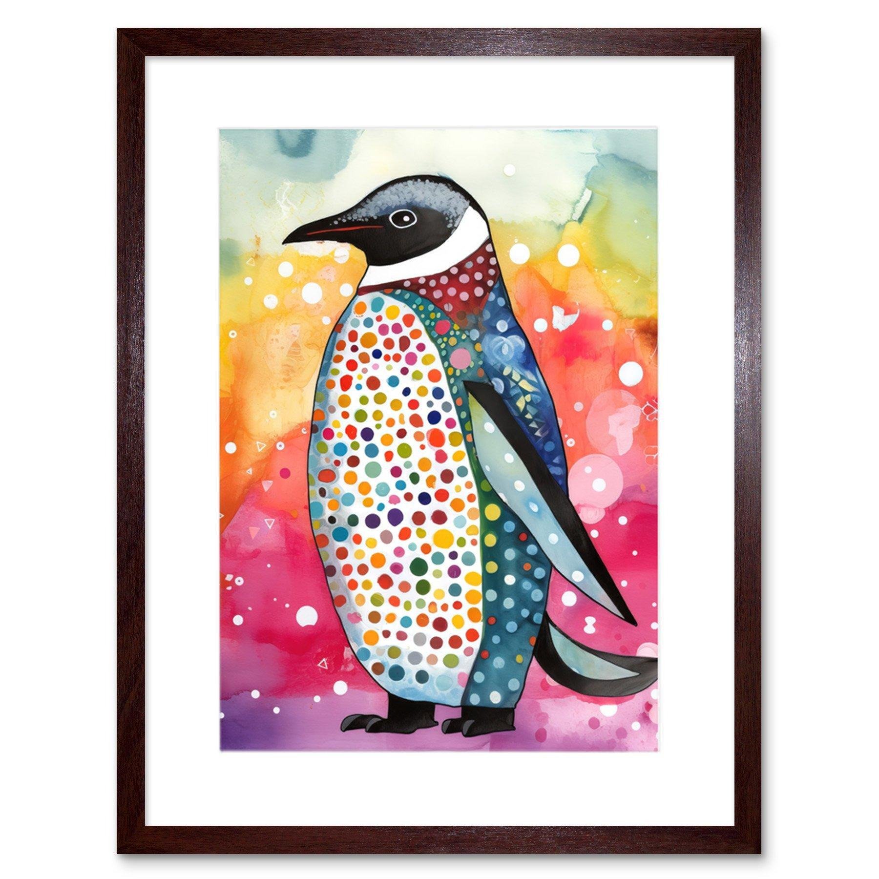 Cute Multicoloured Spot Penguin Folk Art Artwork Framed Print Wall Art 9X7 Inch - image 1