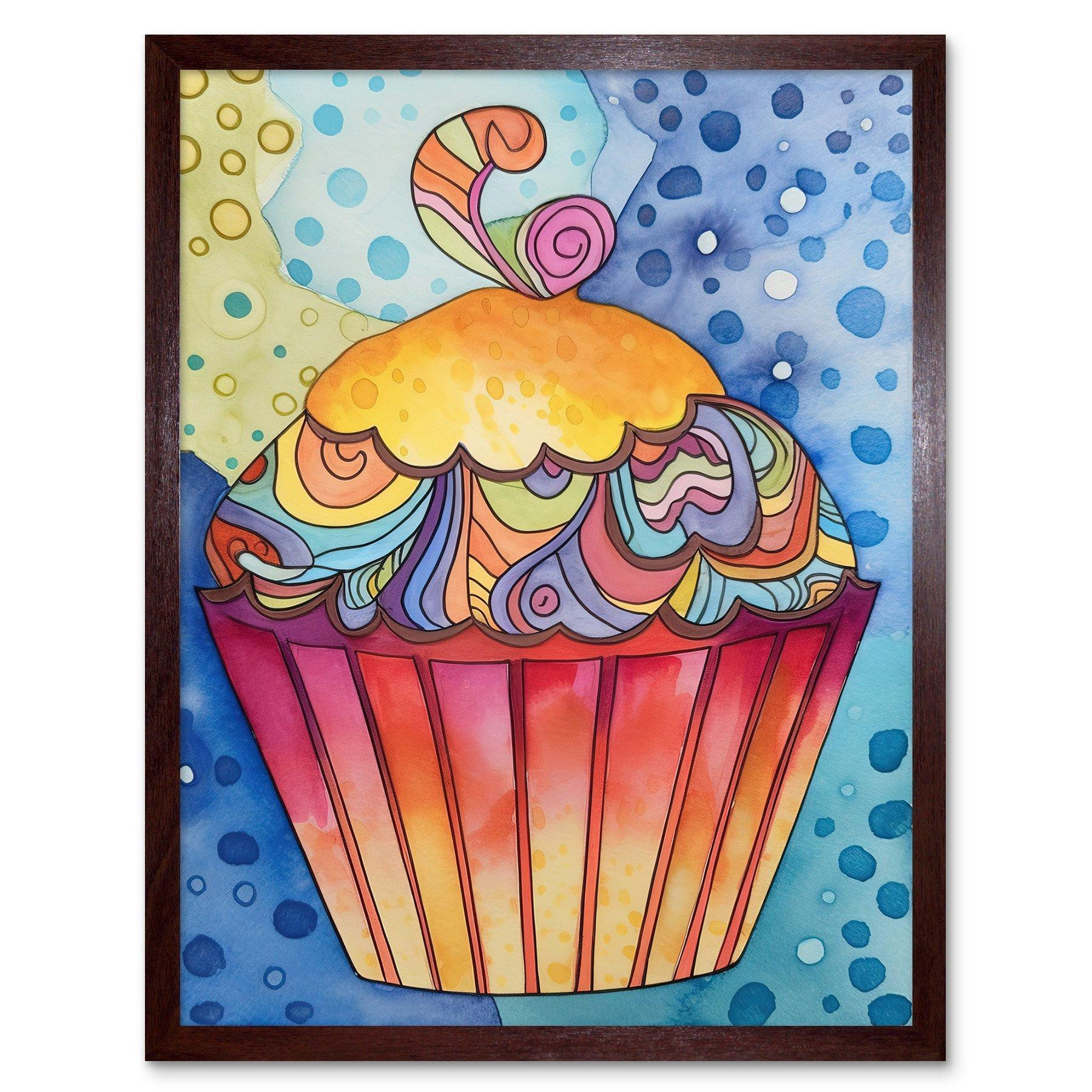 Cupcake With Colourful Frosting Folk Art Watercolour Painting Art Print Framed Poster Wall Decor 12x16 inch - image 1