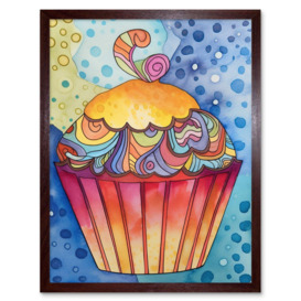 Cupcake With Colourful Frosting Folk Art Watercolour Painting Art Print Framed Poster Wall Decor 12x16 inch - thumbnail 1