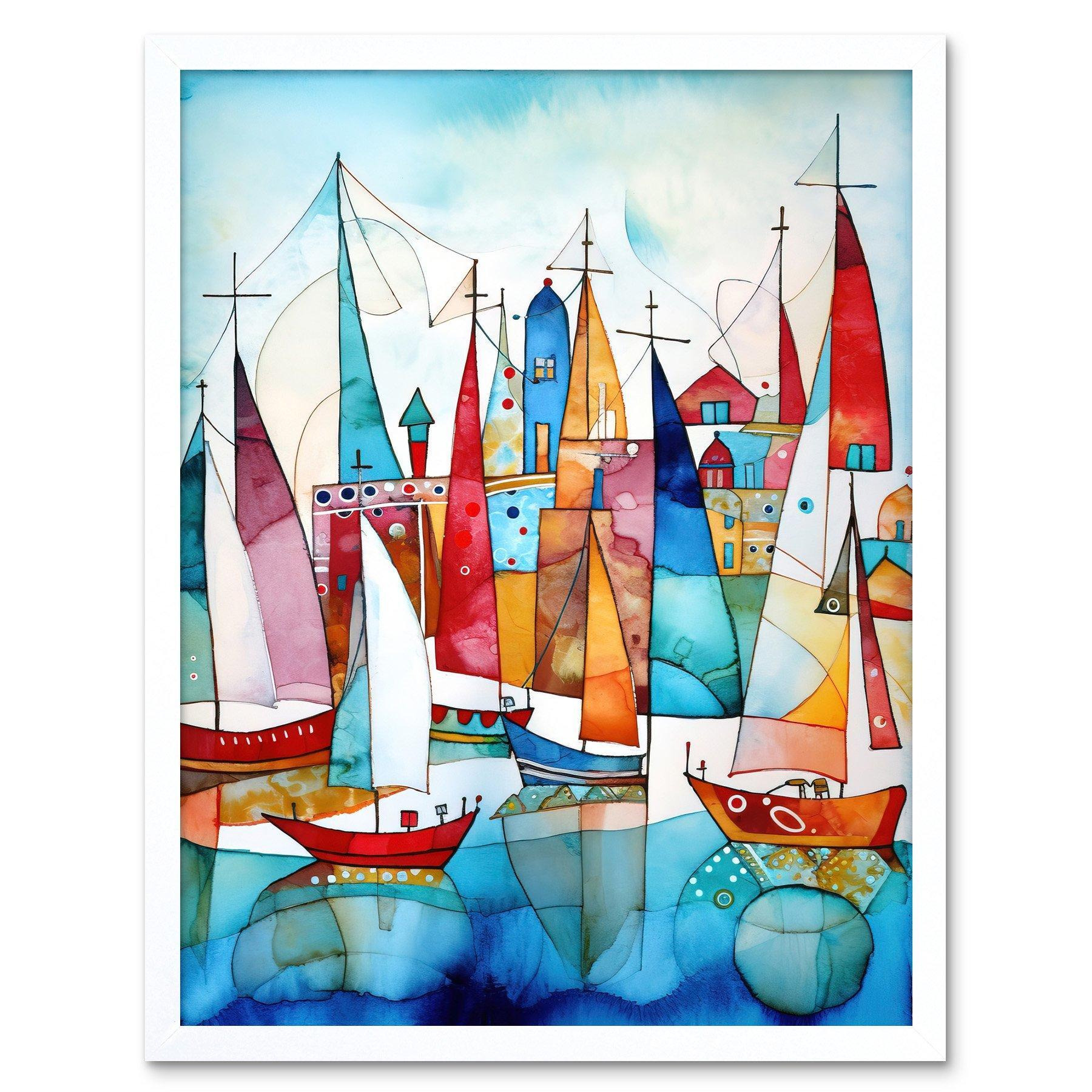 Harbour Boats Abstract Folk Art Watercolour Painting Art Print Framed Poster Wall Decor 12x16 inch - image 1