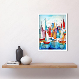 Harbour Boats Abstract Folk Art Watercolour Painting Art Print Framed Poster Wall Decor 12x16 inch - thumbnail 2