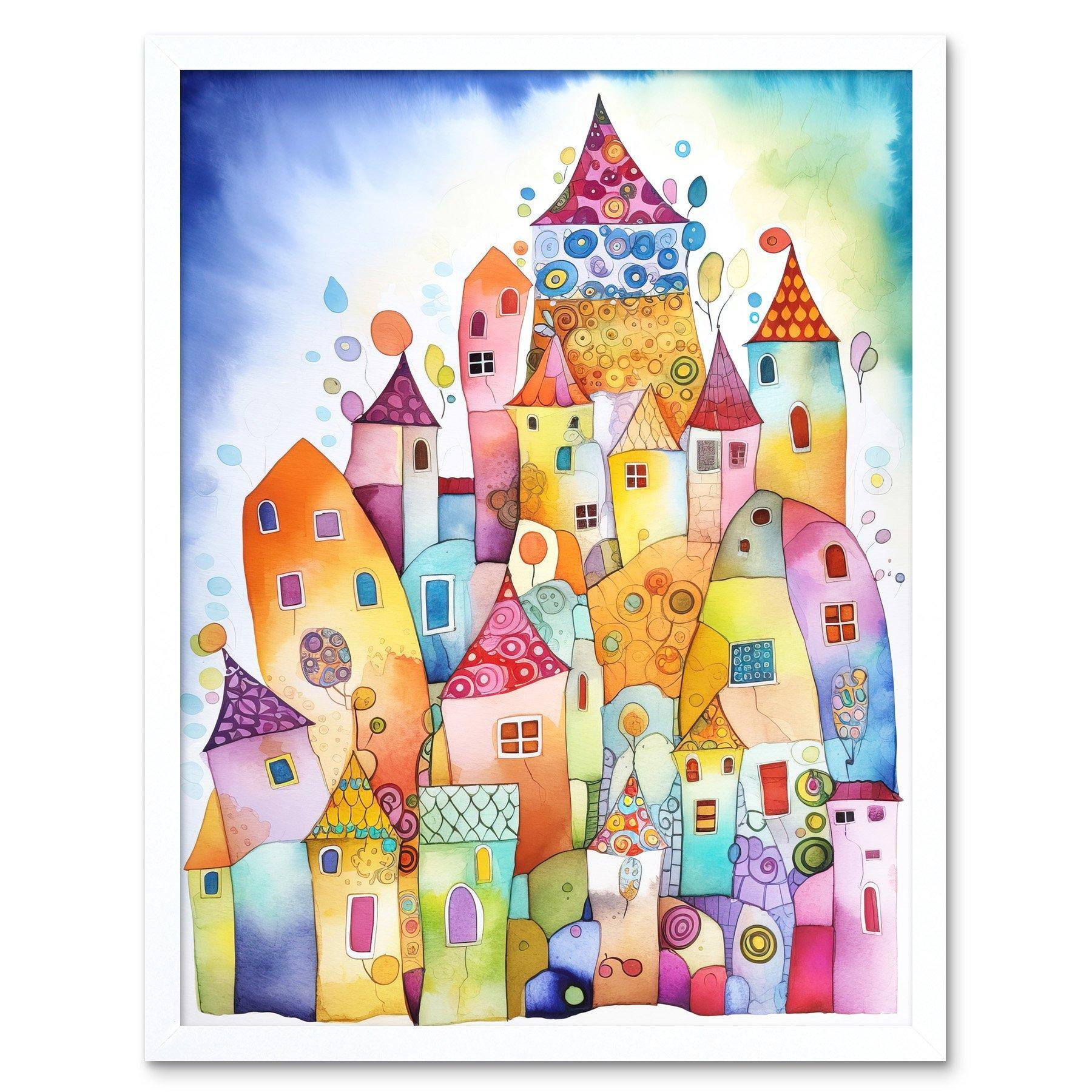 Townscape Housewarming Party Folk Art Watercolour Painting Art Print Framed Poster Wall Decor 12x16 inch - image 1