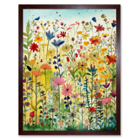 Mixed Wildflower Bloom In Meadow Folk Art Art Print Framed Poster Wall Decor 12x16 inch - thumbnail 1