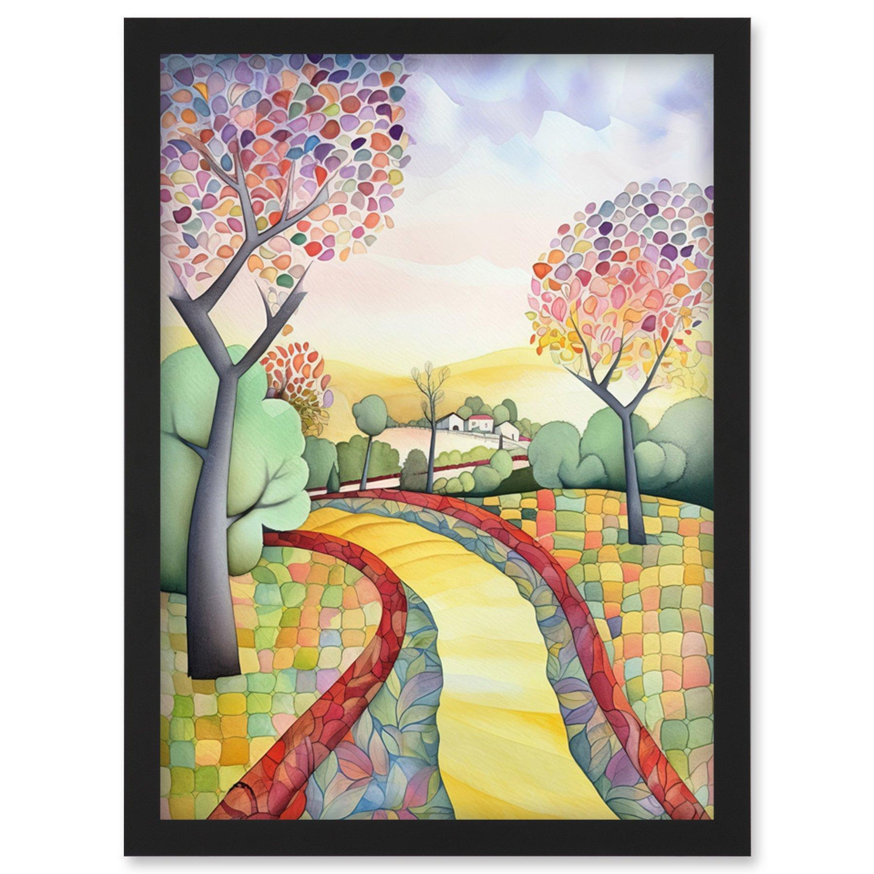 Countryside Path In Autumn Folk Art Landscape Pastel Watercolour Painting Artwork Framed Wall Art Print A4 - image 1