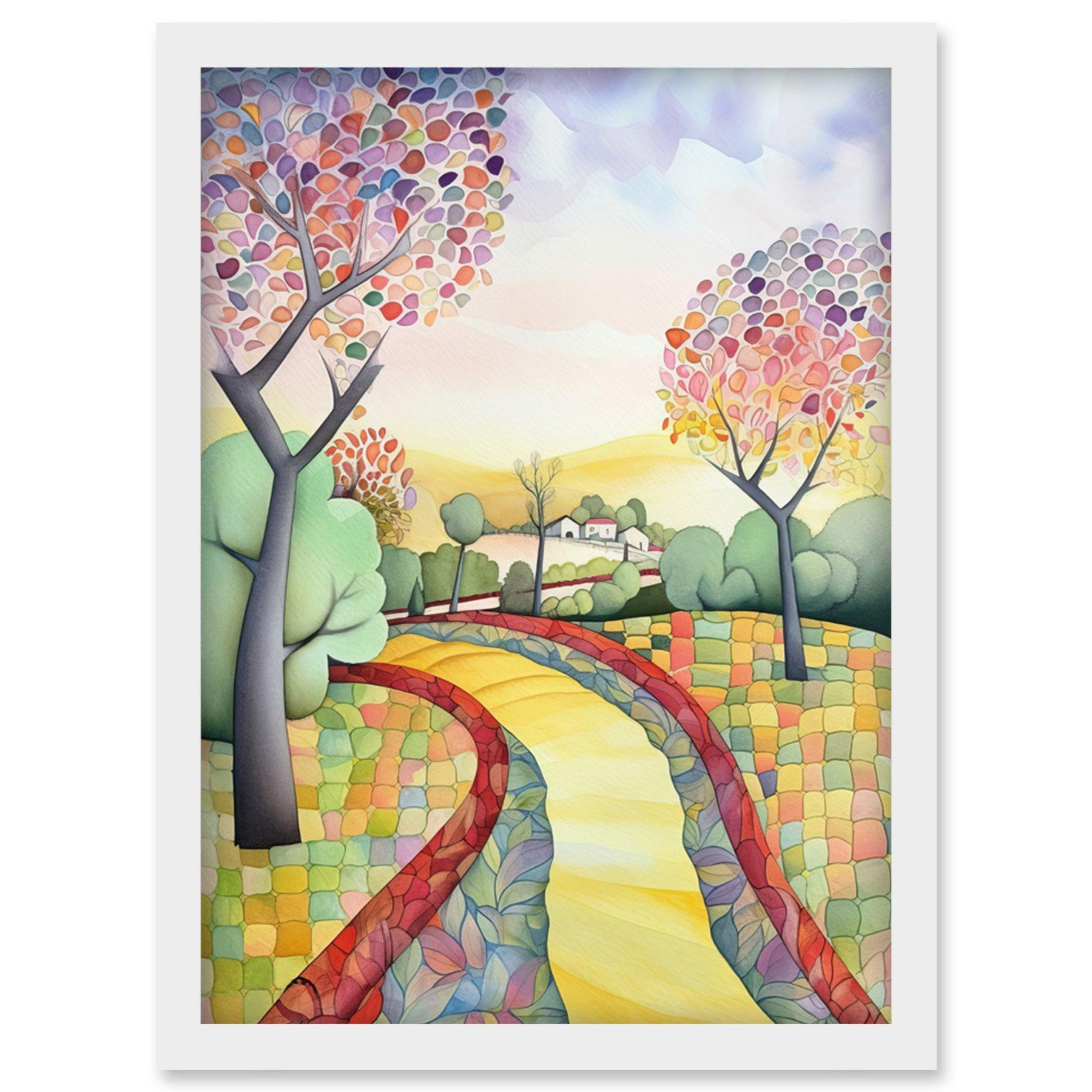 Countryside Path In Autumn Folk Art Landscape Pastel Watercolour Painting Artwork Framed Wall Art Print A4 - image 1