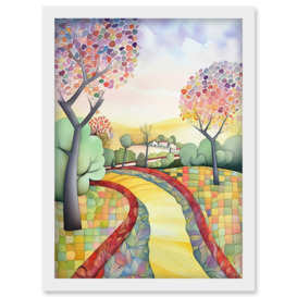 Countryside Path In Autumn Folk Art Landscape Pastel Watercolour Painting Artwork Framed Wall Art Print A4 - thumbnail 1